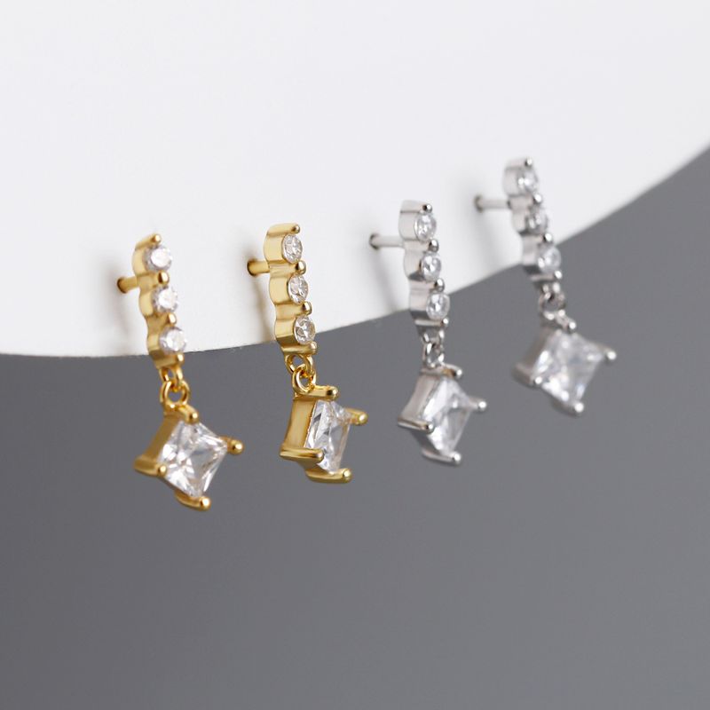 1 Pair Simple Style Geometric Plating Inlay Sterling Silver Rhinestones 18k Gold Plated White Gold Plated Drop Earrings
