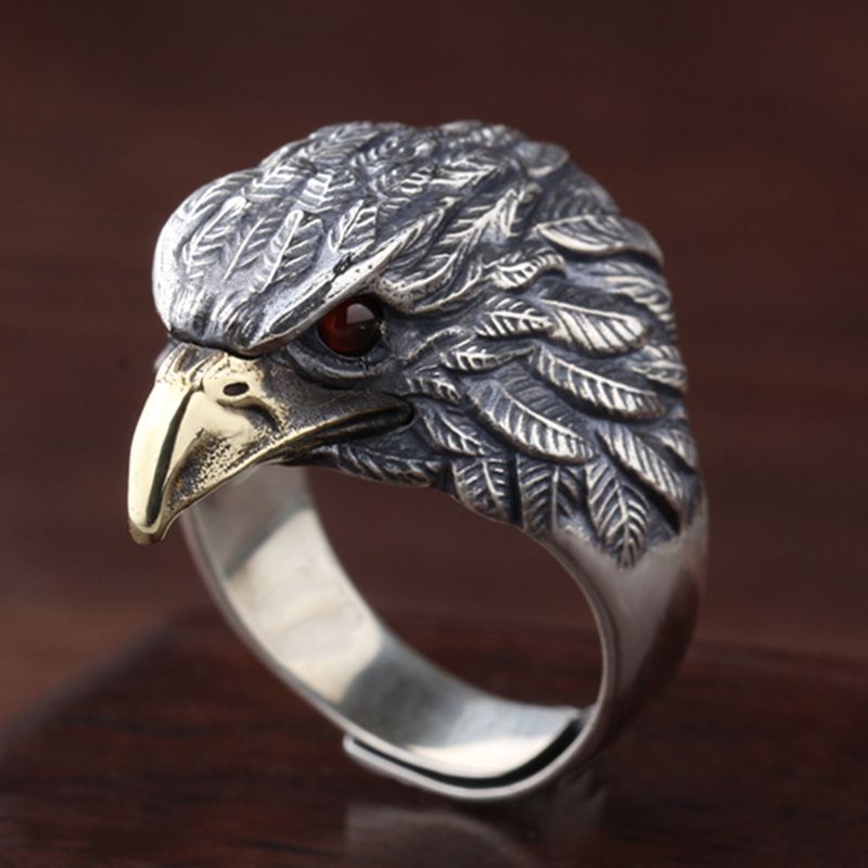Retro Eagle Copper Plating Inlay Artificial Gemstones Men's Open Rings