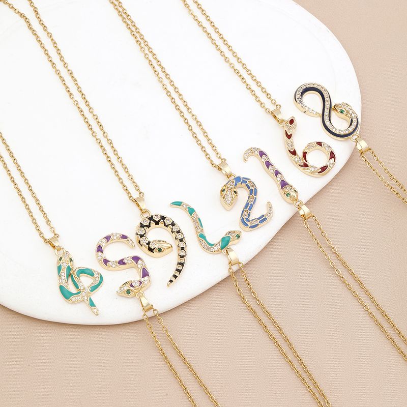 Copper Casual Simple Style Enamel Plating Inlay Snake Zircon Pendant Necklace