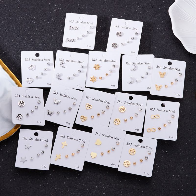 Wholesale Jewelry Simple Style Star Tree Heart Shape Stainless Steel Alloy Rhinestones Plating Inlay Ear Studs