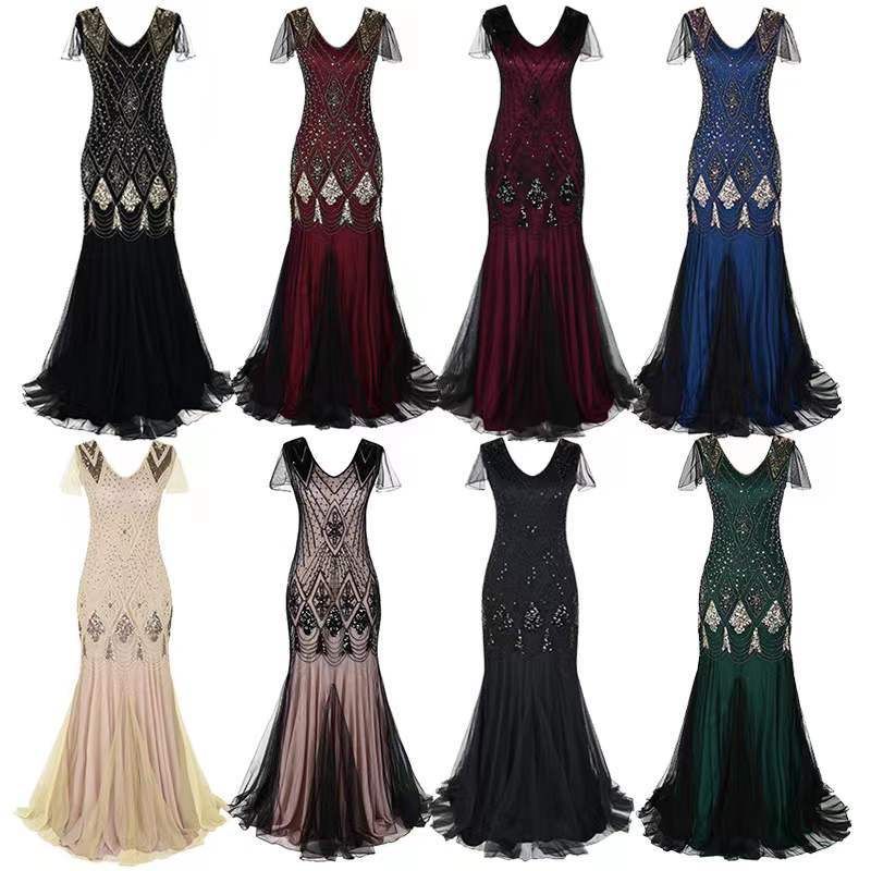 Party Dress Vintage Style V Neck Pearl Embroidery Short Sleeve Argyle Maxi Long Dress Banquet Party Cocktail Party