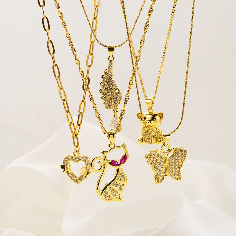Ig Style Basic Little Bear Cat Butterfly Copper 18k Gold Plated Zircon Pendant Necklace In Bulk