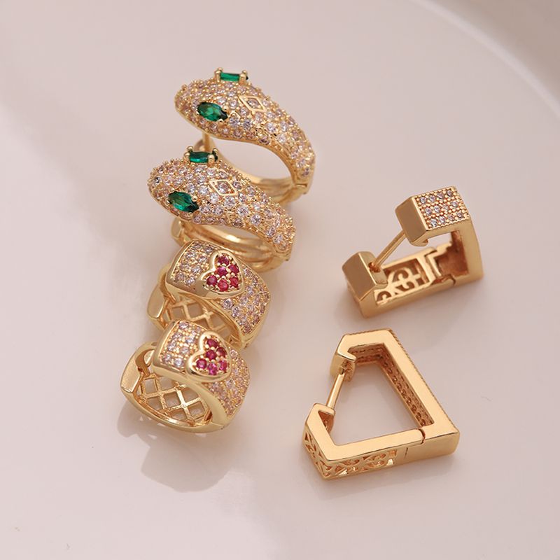1 Paar Ig-stil Einfacher Stil Herzform Schlange Überzug Inlay Kupfer Zirkon 18 Karat Vergoldet Reif Ohrringe