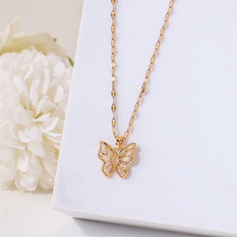 Stainless Steel Titanium Steel 18K Gold Plated Simple Style Plating Inlay Butterfly Zircon Pendant Necklace