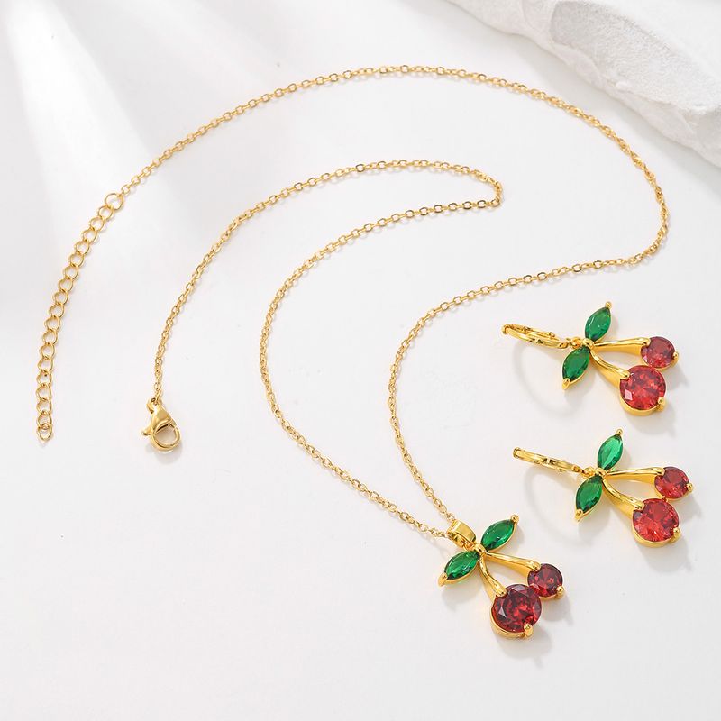 Elegant Lady Fruit Copper Plating Inlay Artificial Crystal 18k Gold Plated Earrings Necklace