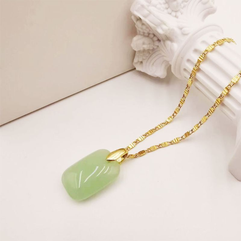 Chinoiserie Square Titanium Alloy Plating Inlay Imitation Jade Women's Pendant Necklace