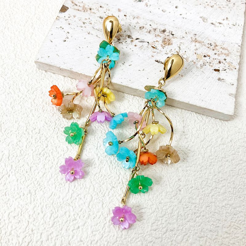 1 Pair Sweet Flower Plating 304 Stainless Steel Acrylic Resin 14K Gold Plated Drop Earrings