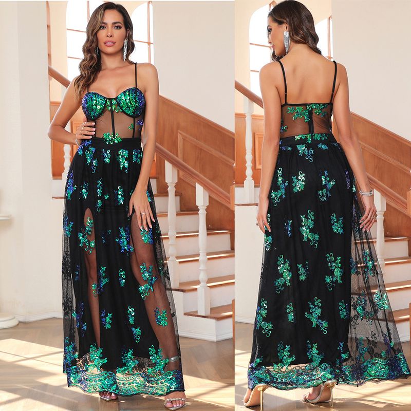 Women's Strap Dress Sexy Strap Sequins See-through Backless Sleeveless Flower Maxi Long Dress Banquet Party Cocktail Party