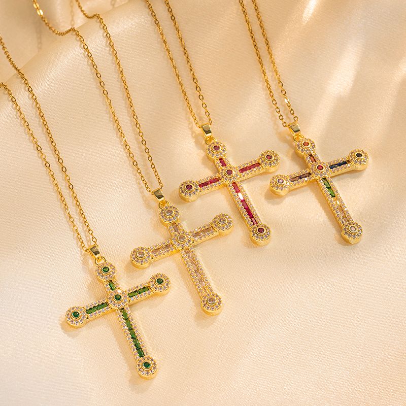 Streetwear Cross Stainless Steel Plating Inlay Zircon 18k Gold Plated Pendant Necklace