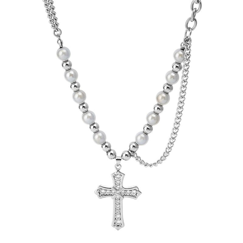 304 Stainless Steel Ethnic Style Beaded Plating Inlay Cross Abs Reflective Beads Zircon Pendant Necklace