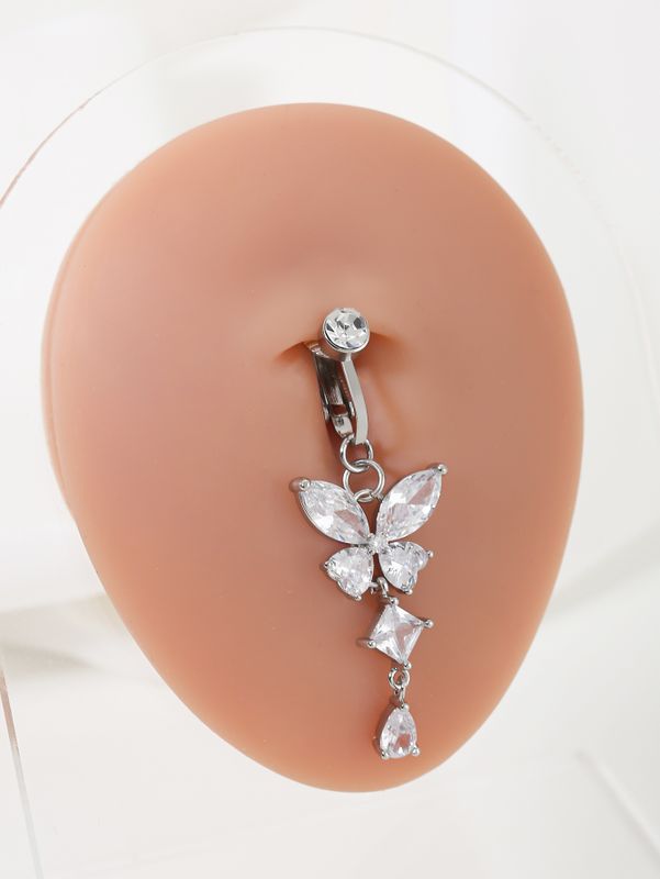 1 Piece Belly Rings Sexy Butterfly Copper Inlay Zircon White Gold Plated