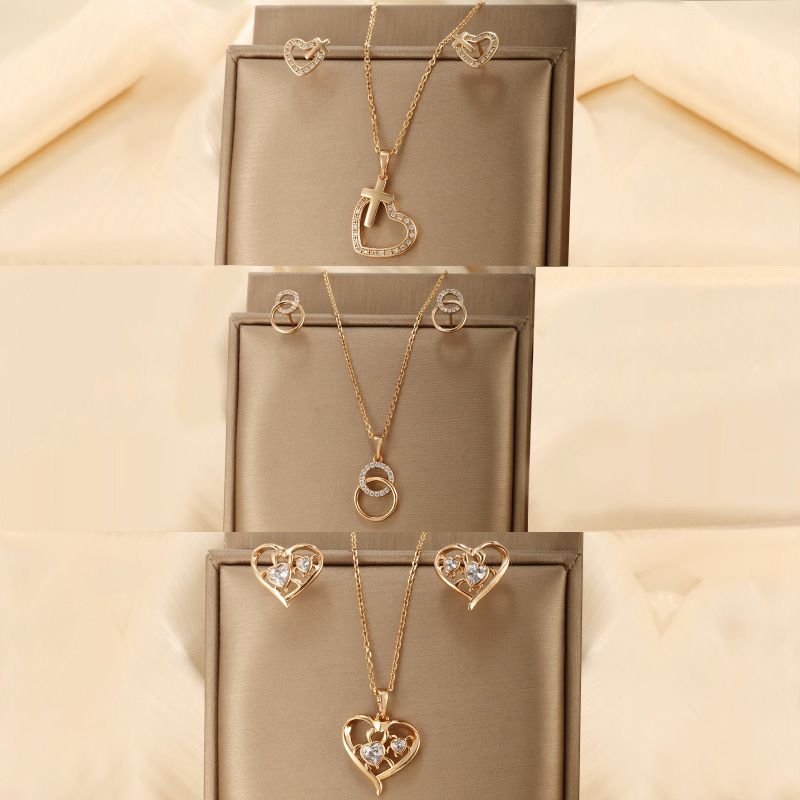 Lady Xuping Commute Cross Circle Heart Shape Alloy Plating Inlay Artificial Gemstones 18k Gold Plated Women's Earrings Necklace