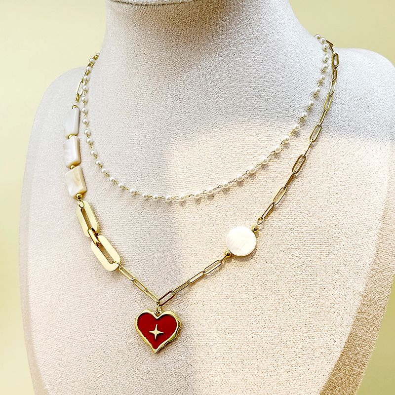 304 Stainless Steel Artificial Pearl Shell 14K Gold Plated Vintage Style Sweet Layered Enamel Plating Heart Shape Double Layer Necklaces