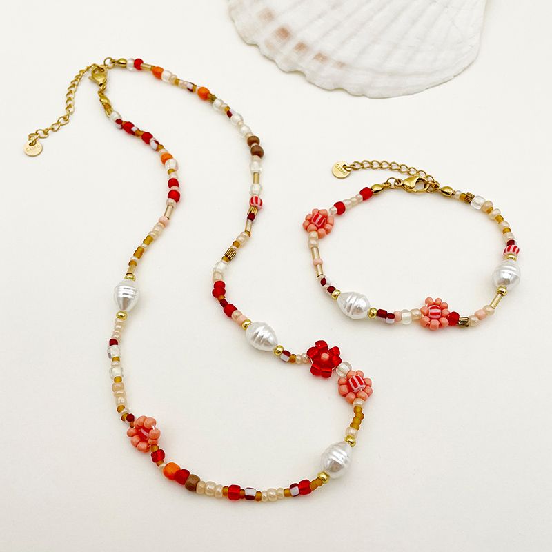 Sweet Flower Stainless Steel Beaded Plating Gold Plated Women's Jewelry Set