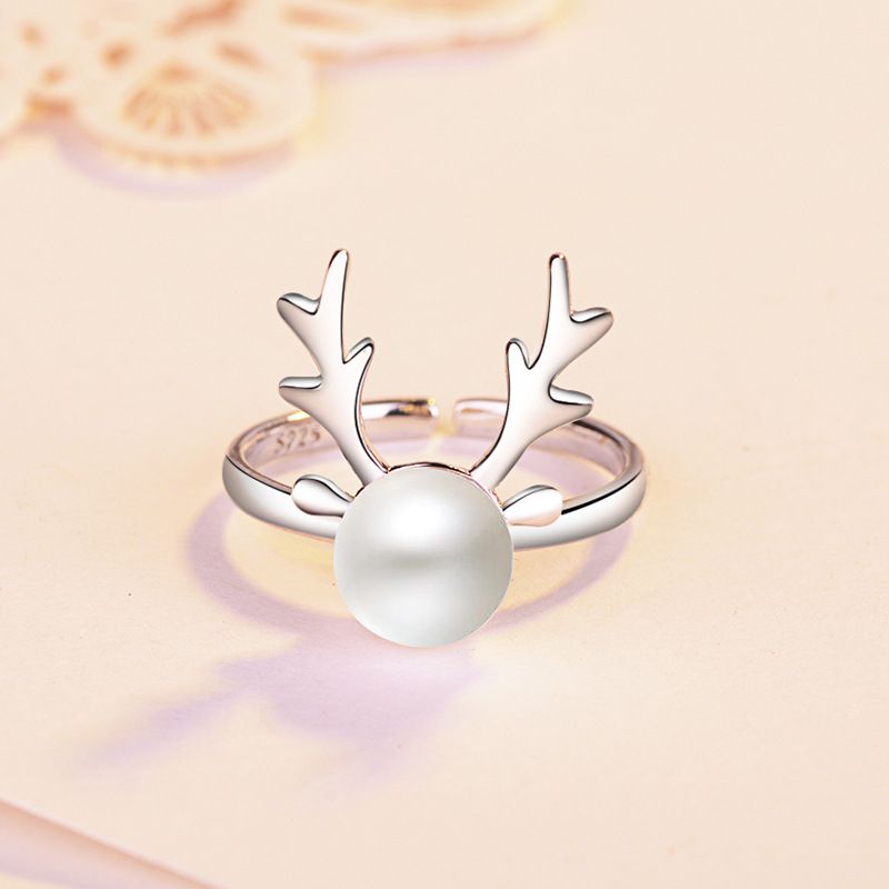 Copper IG Style Cute Inlay Deer Pearl Open Rings