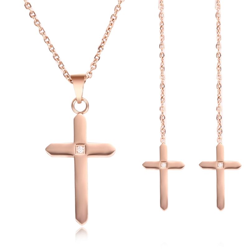 304 Stainless Steel 18K Gold Plated Simple Style Plating Cross Earrings Necklace