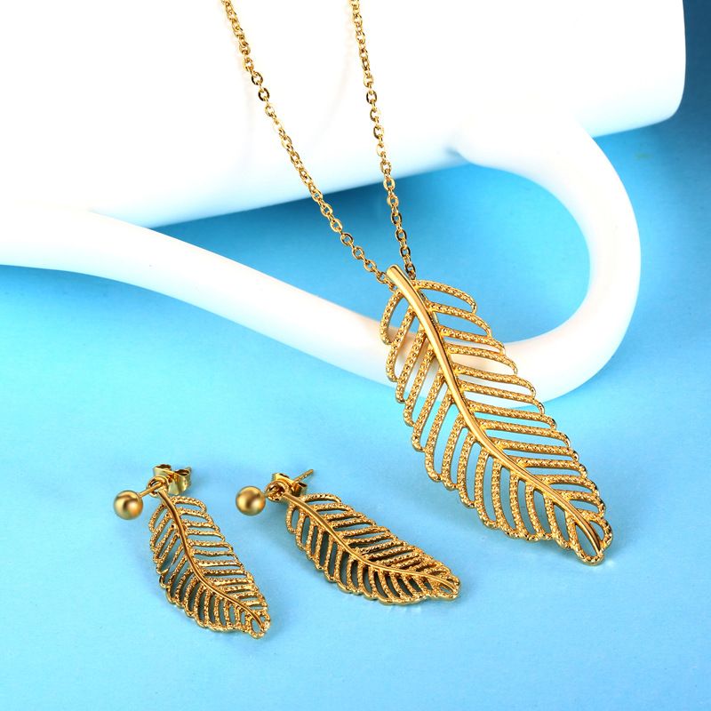 304 Stainless Steel 18K Gold Plated Casual Simple Style Plating Hollow Out Inlay Leaf Zircon Earrings Necklace