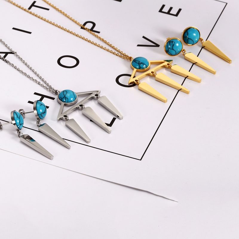 304 Stainless Steel 18K Gold Plated Simple Style British Style Plating Inlay Geometric Round Turquoise Jewelry Set
