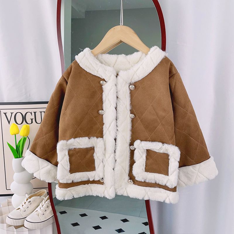 Casual Color Block Cotton Girls Outerwear