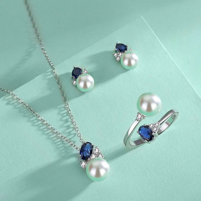 Elegant Geometric Sterling Silver Pearl Women's Rings Necklace Jewelry Set