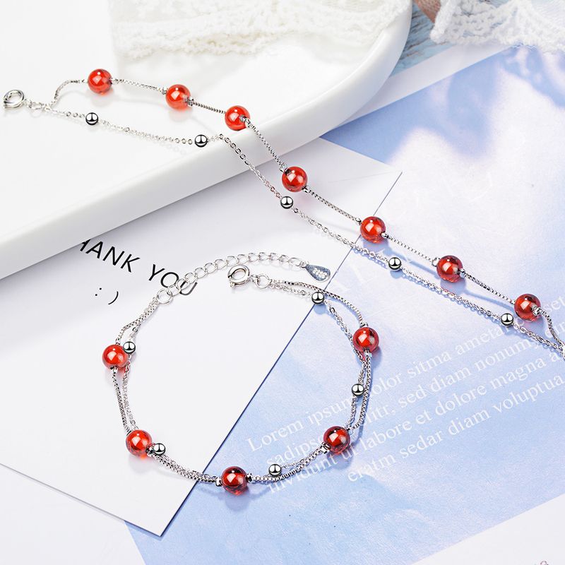 Simple Style Round Garnet Beaded Layered Women's Bracelets