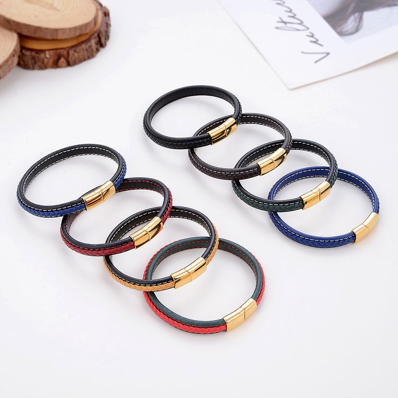Classic Style Commute Solid Color Stainless Steel Pu Leather Handmade Metal Button Unisex Bangle