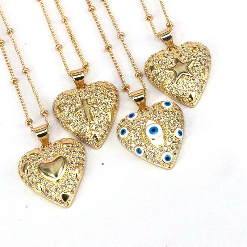 Romantic Cross Star Heart Shape Copper 18k Gold Plated Zircon Pendant Necklace In Bulk