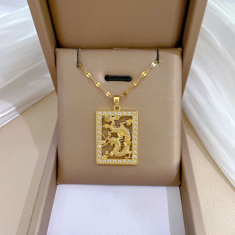 Wholesale Chinoiserie Dragon Titanium Steel Copper Inlay Artificial Gemstones Pendant Necklace