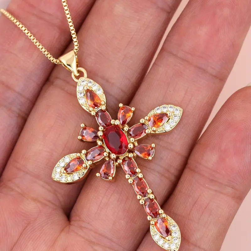 Glam Lady Shiny Cross Flower Copper 18k Gold Plated Zircon Pendant Necklace In Bulk