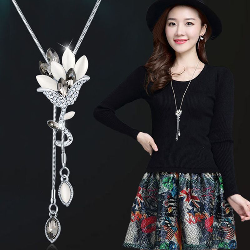 Ig-stil Glänzend Blume Legierung Kupfer Überzug Inlay Glas Pulloverkette Lange Halskette