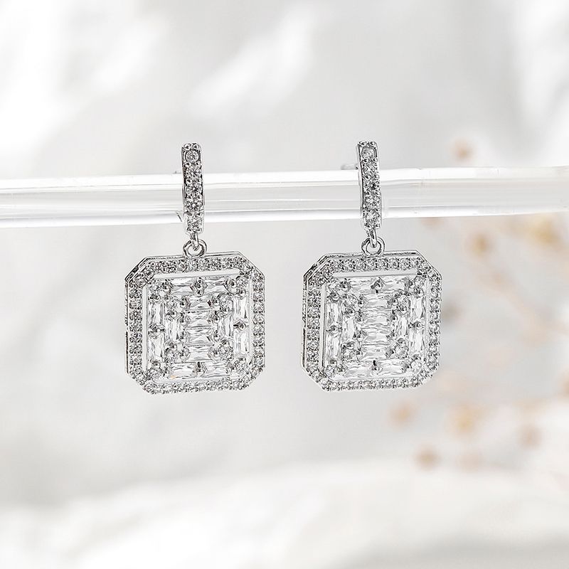 1 Pair Elegant Simple Style Shiny Square Plating Inlay Copper Zircon Palladium White K Gold Drop Earrings