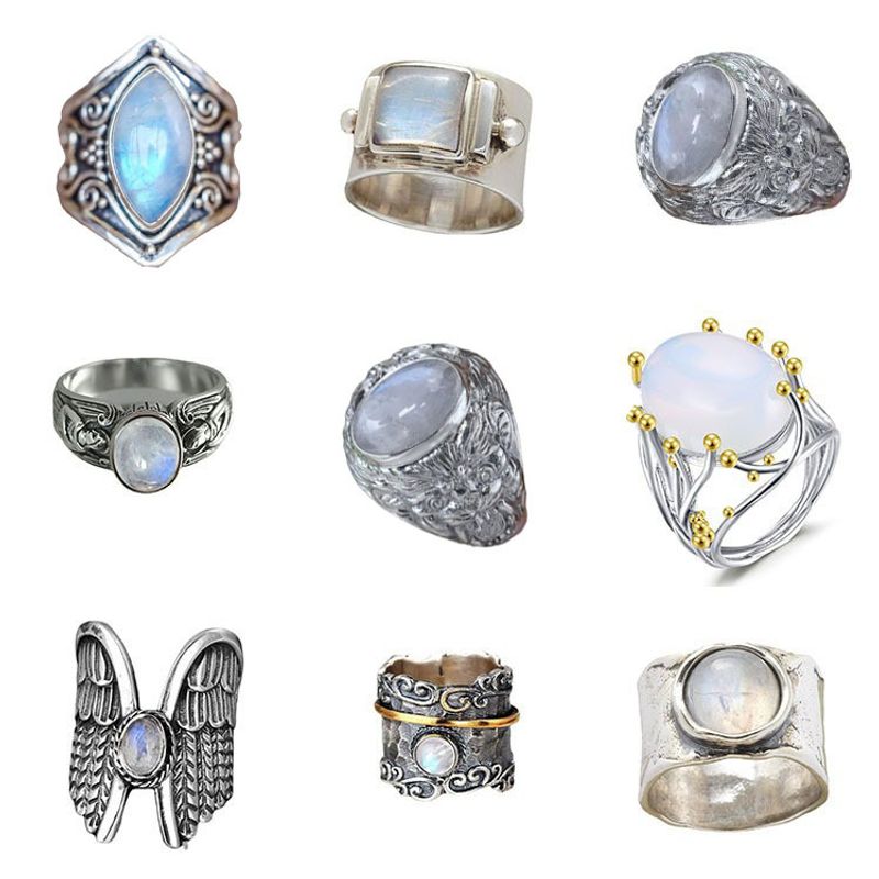 Retro Geométrico Metal Enchapado Embutido Piedra De La Luna Hombres Anillos