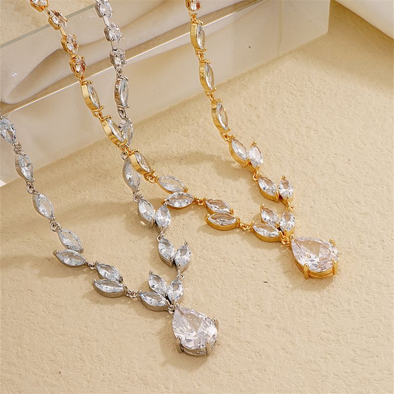 Luxurious Water Droplets Copper Zircon Necklace Jewelry Set In Bulk