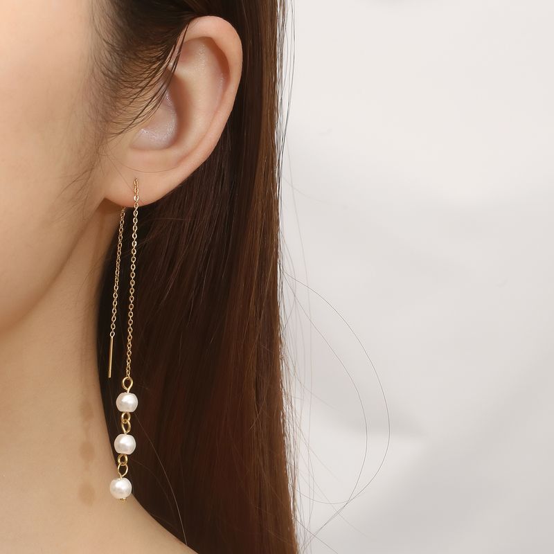 1 Paar Elegant Einfacher Stil Runden Perlen Perle Überzug Edelstahl 304 18 Karat Vergoldet Ohrlinie