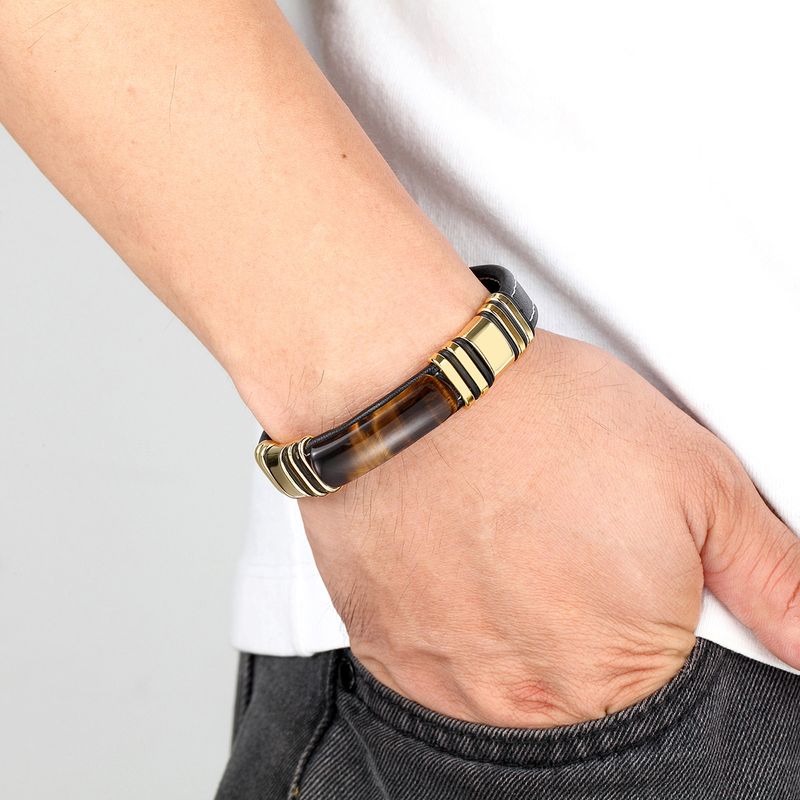 Hip Hop Punk Rectangle Faux Cuir Pierre Métal Fait Main Bouton En Métal Hommes Bracelets