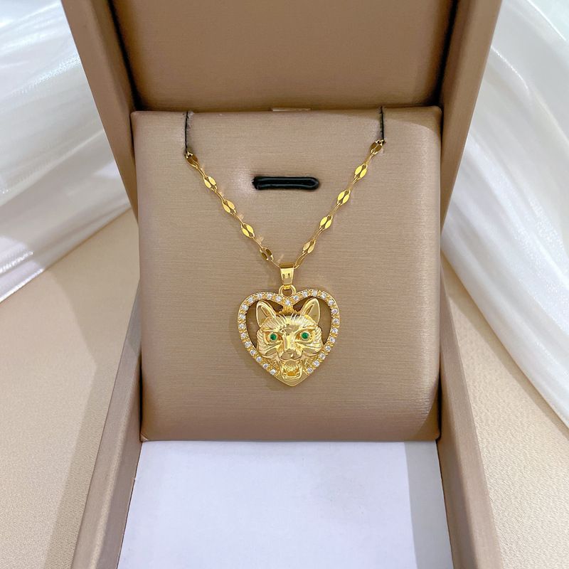 Wholesale Simple Style Heart Shape Cat Titanium Steel Copper Plating Inlay Artificial Gemstones Pendant Necklace