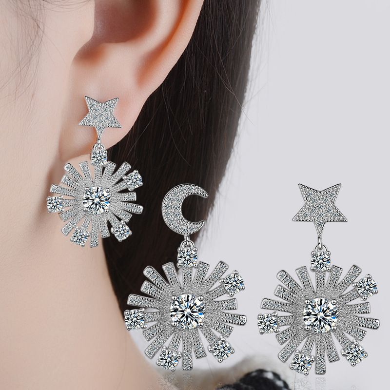 1 Paire Mignon Sucré Star Lune Placage Incruster Le Cuivre Zircon Boucles D'oreilles