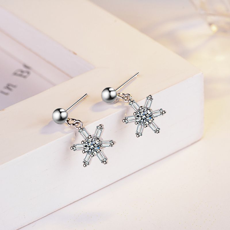 1 Paire De Base Flocon De Neige Incruster Le Cuivre Zircon Boucles D'oreilles