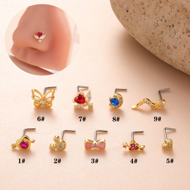 Ig Style Classic Style Animal Heart Shape Bow Knot Stainless Steel Copper 18k Gold Plated Zircon Nose Studs In Bulk