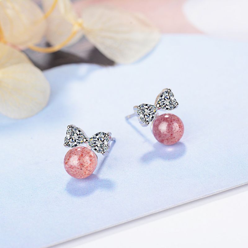 1 Pair Cute Lady Sweet Round Bow Knot Inlay Copper Artificial Crystal Zircon White Gold Plated Ear Studs