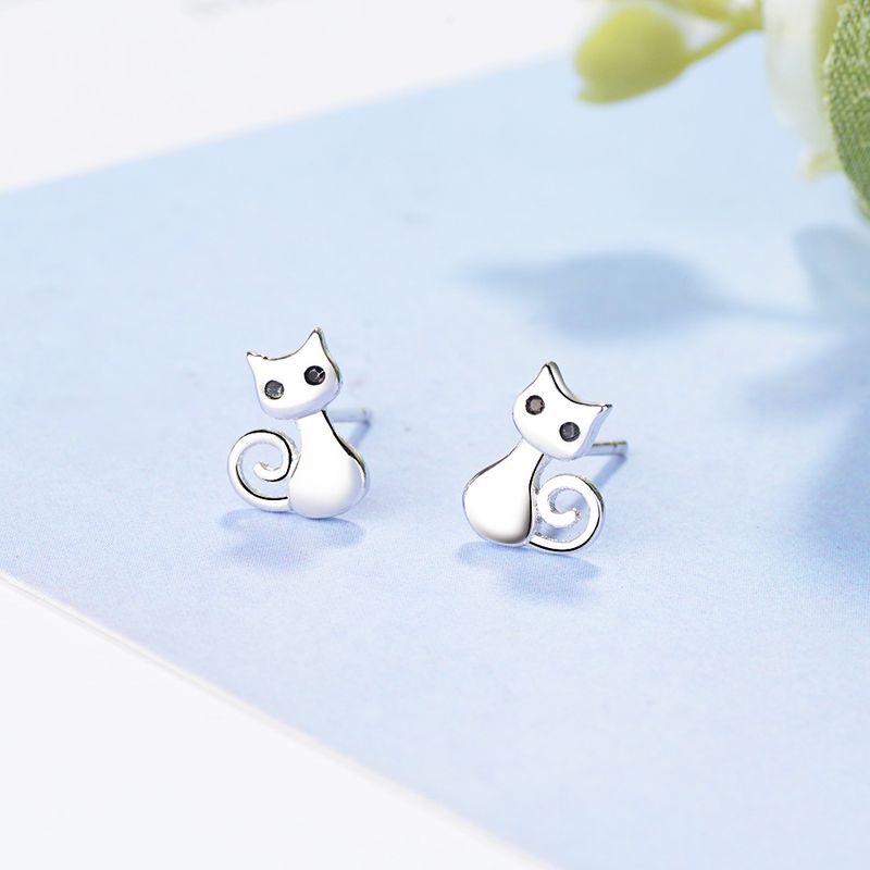 1 Pair Cute Cat Plating Inlay Copper Zircon White Gold Plated Ear Studs