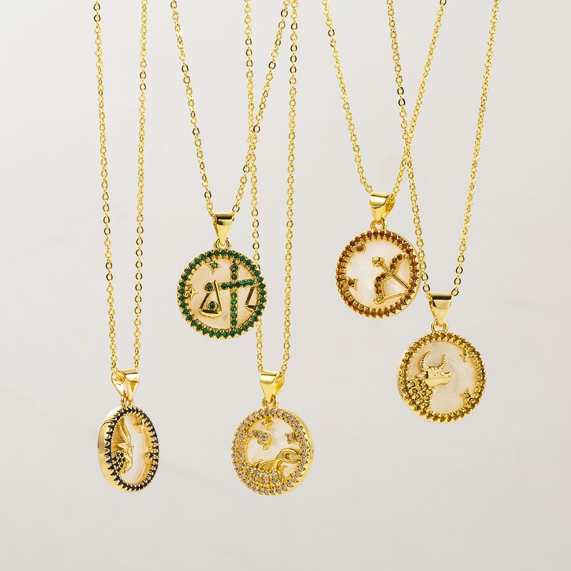 Modern Style Simple Style Round Constellation Copper Zircon Pendant Necklace In Bulk