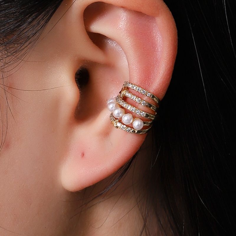 1 Pieza Estilo Simple Brillante Forma De U Embutido Cobre Diamantes De Imitación Perla Puños De Oreja