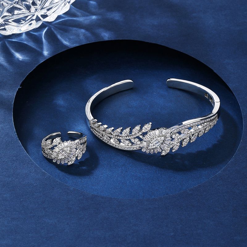 Elegant Shiny Leaves Copper Plating Inlay Zircon White K Jewelry Set