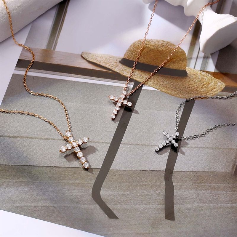 Simple Style Cross Sterling Silver Plating Inlay Zircon 14k Gold Plated Rose Gold Plated Silver Plated Pendant Necklace