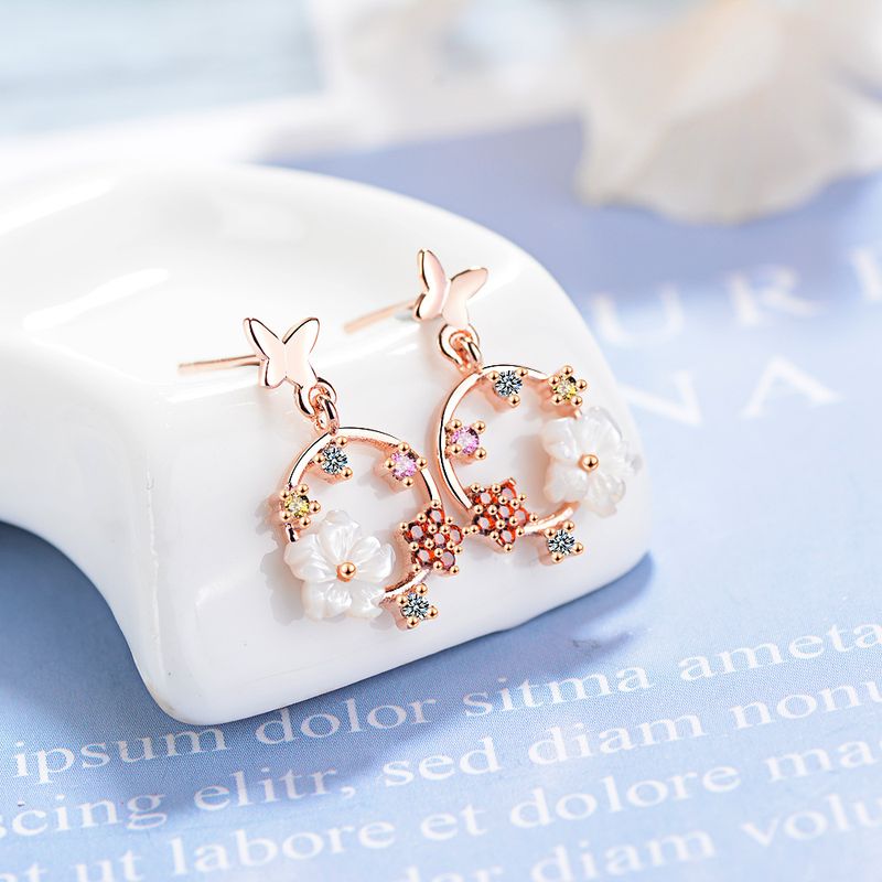 1 Pair Ig Style Sweet Flower Butterfly Plating Inlay Copper Shell Zircon Drop Earrings