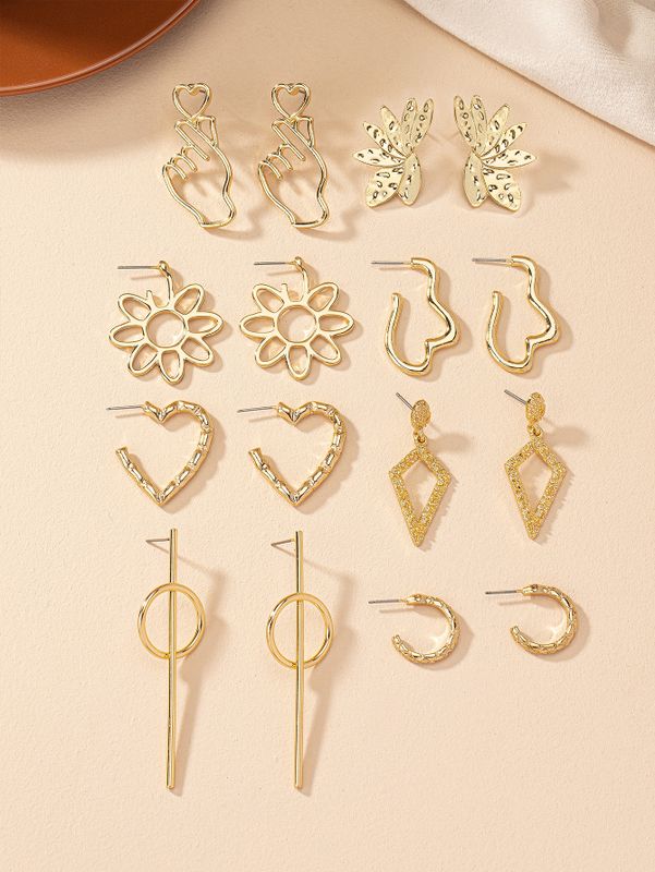 8 Pairs Modern Style Gesture Heart Shape Flower Metal Drop Earrings Ear Studs