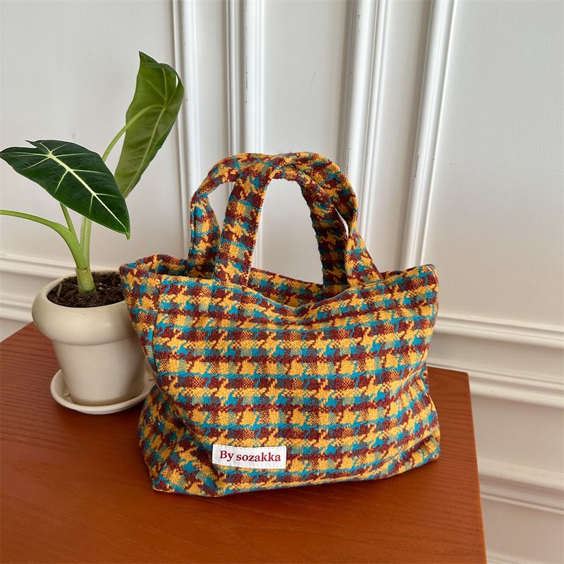 Frau Mittel Wolle Farbblock Plaid Vintage-stil Quadrat Offen Handtasche