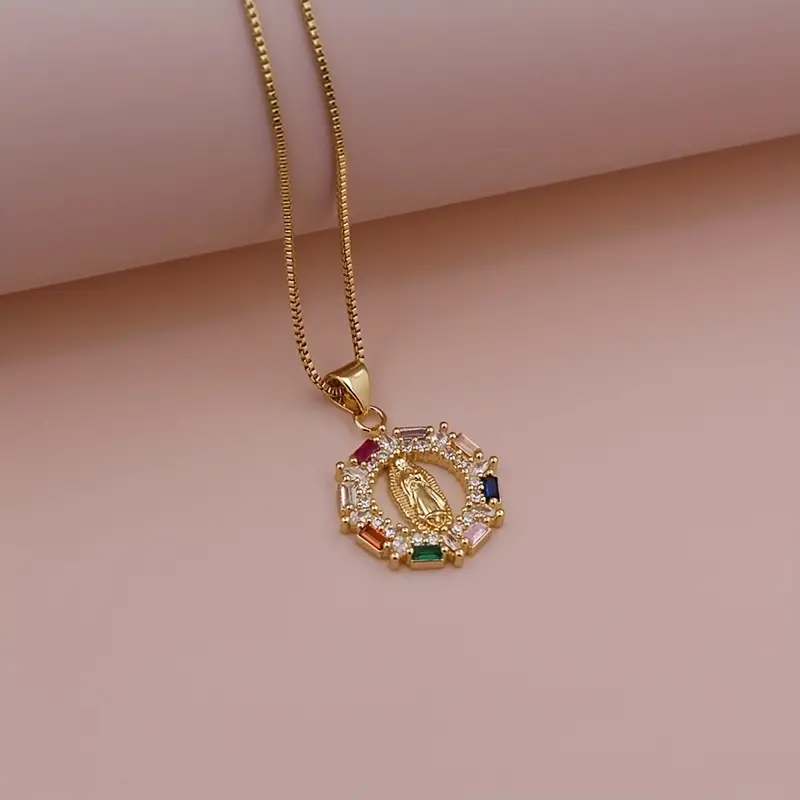 Ig Style Virgin Mary Copper Plating Inlay Zircon 18k Gold Plated Pendant Necklace