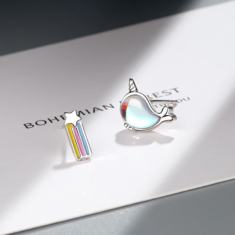 1 Pair Ig Style Cute Star Whale Asymmetrical Epoxy Inlay Copper Artificial Gemstones Ear Studs
